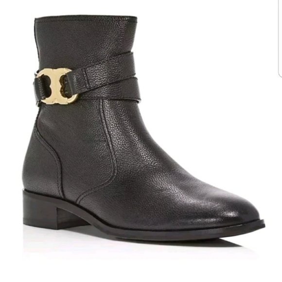 Tory Burch Gemini Link Black Pebble Leather Ankle Booties - Picture 1 of 7